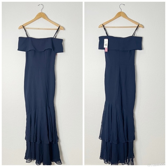 Aqua Navy Blue Off Shoulder Layered Mermaid Dress - Picture 2 of 7